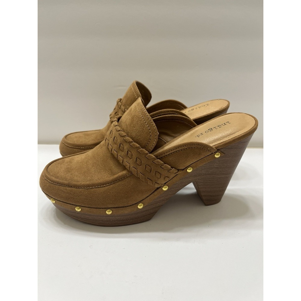 Indigo Rd Brown Suede Clogs Braided Strap Detail Studded Wood Block Heel Size 10